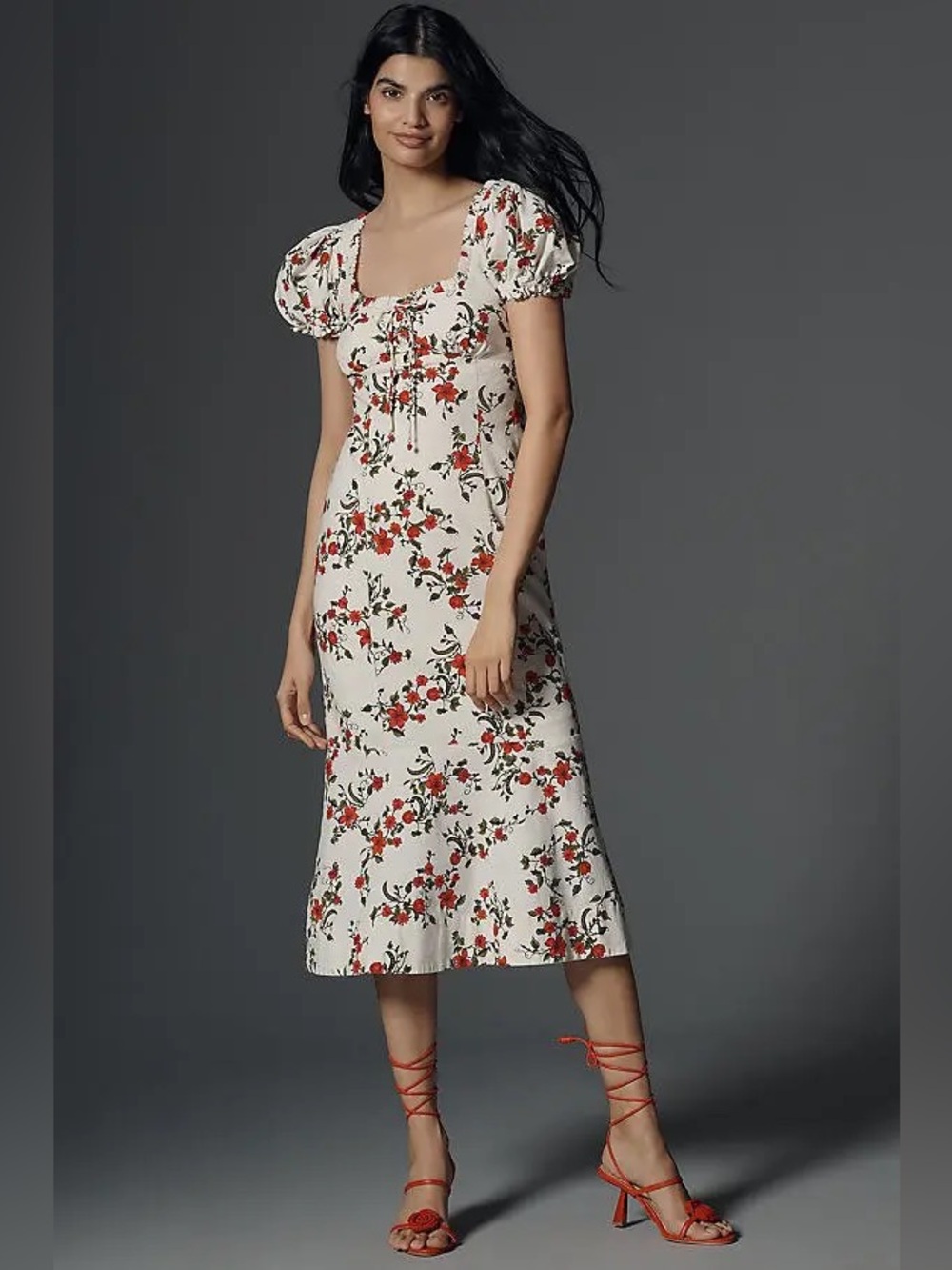 Maeve Anthro Floral Linen Blend Puff Sleeve Sweetheart Midi Dress Coquette fairy